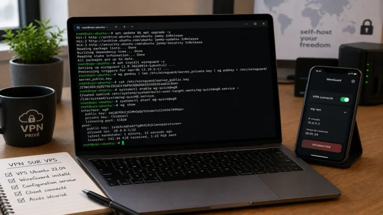 Ordinateur configurant un VPN sur VPS avec WireGuard dans un espace de travail moderne.