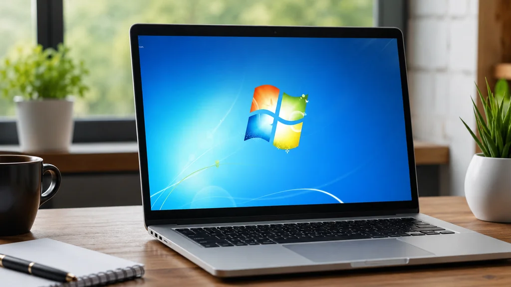 Ordinateur portable affichant Windows 7 dans un espace de travail moderne pour installer Windows 7 SP2 KB3125574.