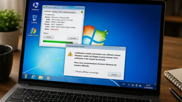 Ordinateur affichant un avertissement de sécurité lié à Windows Loader software et à l’activation non officielle.
