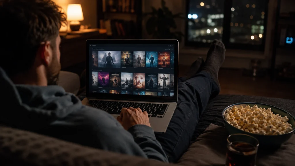 Personne regardant une plateforme de streaming sur ordinateur portable dans un salon sombre et confortable