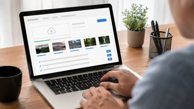 Utilisateur téléversant des images sur un hébergeur en ligne depuis un ordinateur portable