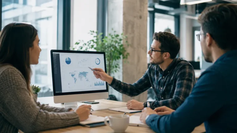 Réunion de webmarketing avec analyse de données SEO et stratégie digitale sur écran