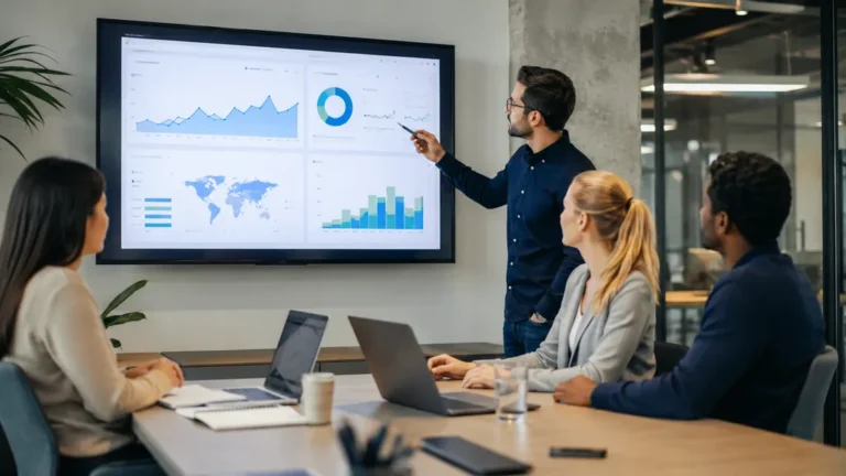 Consultant SEO présentant des graphiques de performance organique lors d’une réunion professionnelle en agence digitale
