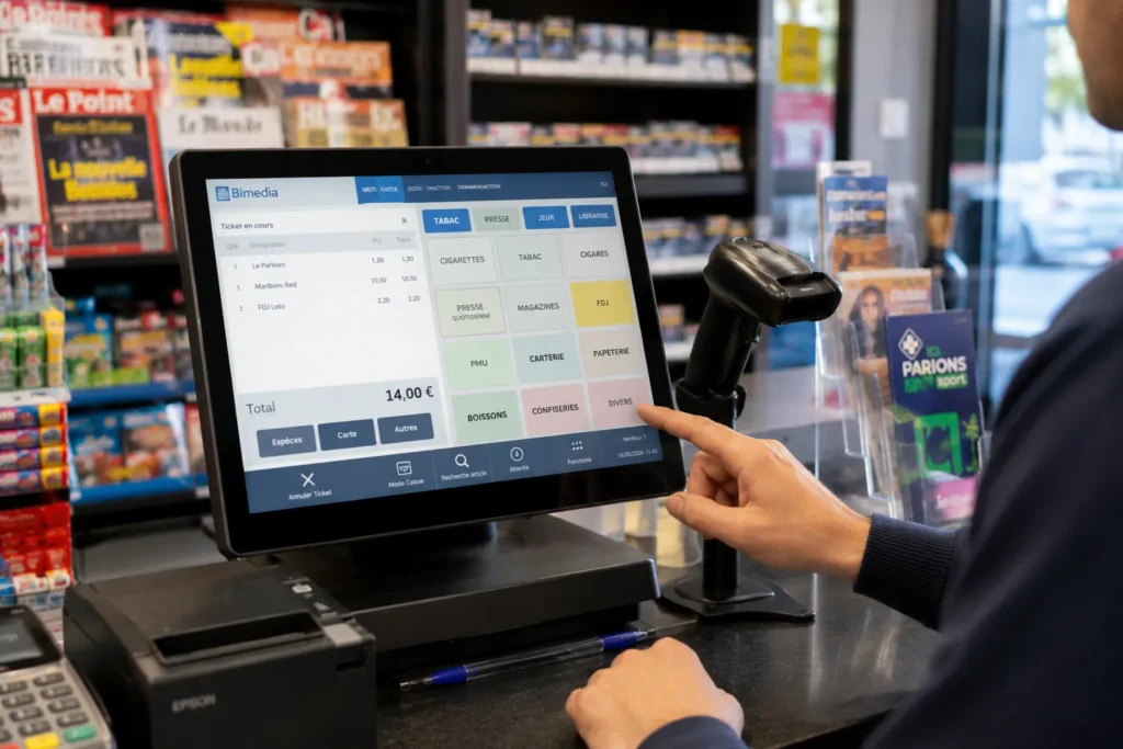 Commerçant utilisant le logiciel de caisse Bimedia sur un terminal tactile dans un bureau de tabac-presse