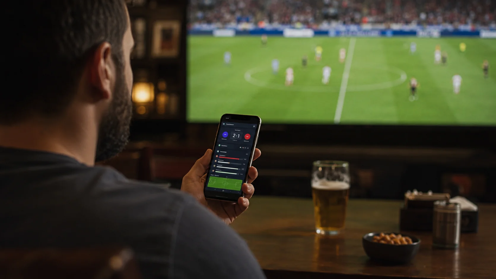 Supporter consultant le score d’un match de football en direct sur son smartphone devant un écran