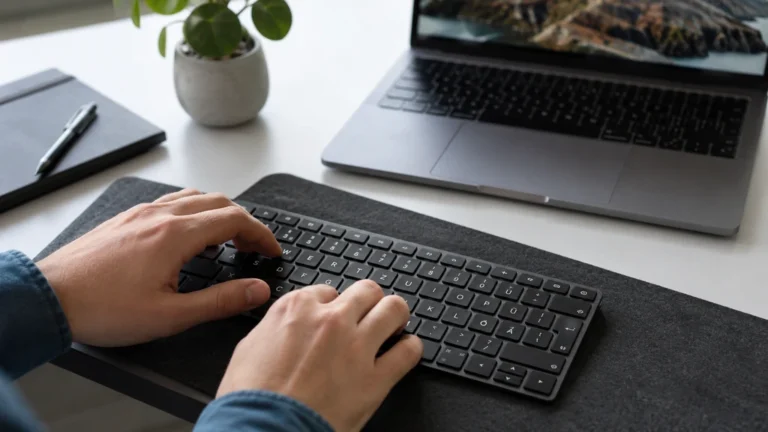 Clavier QWERTZ utilisé sur un bureau moderne avec un ordinateur portable en arrière-plan