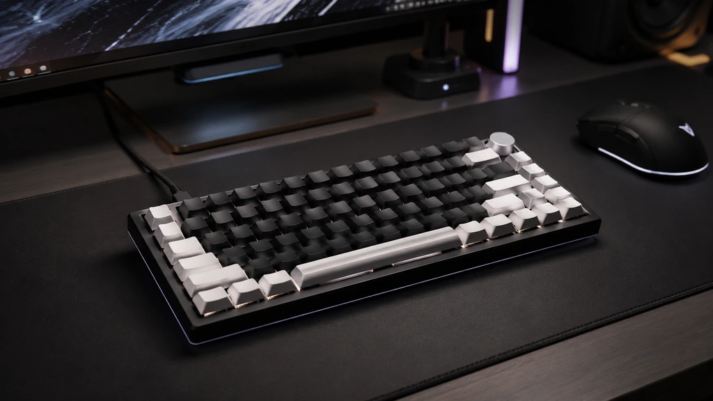 Clavier gaming compact noir et blanc avec éclairage sur un setup moderne