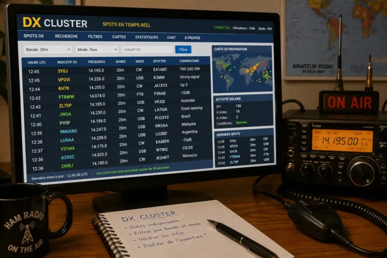 Station radioamateur équipée d’un émetteur-récepteur et d’un écran affichant les spots d’un cluster DX en temps réel