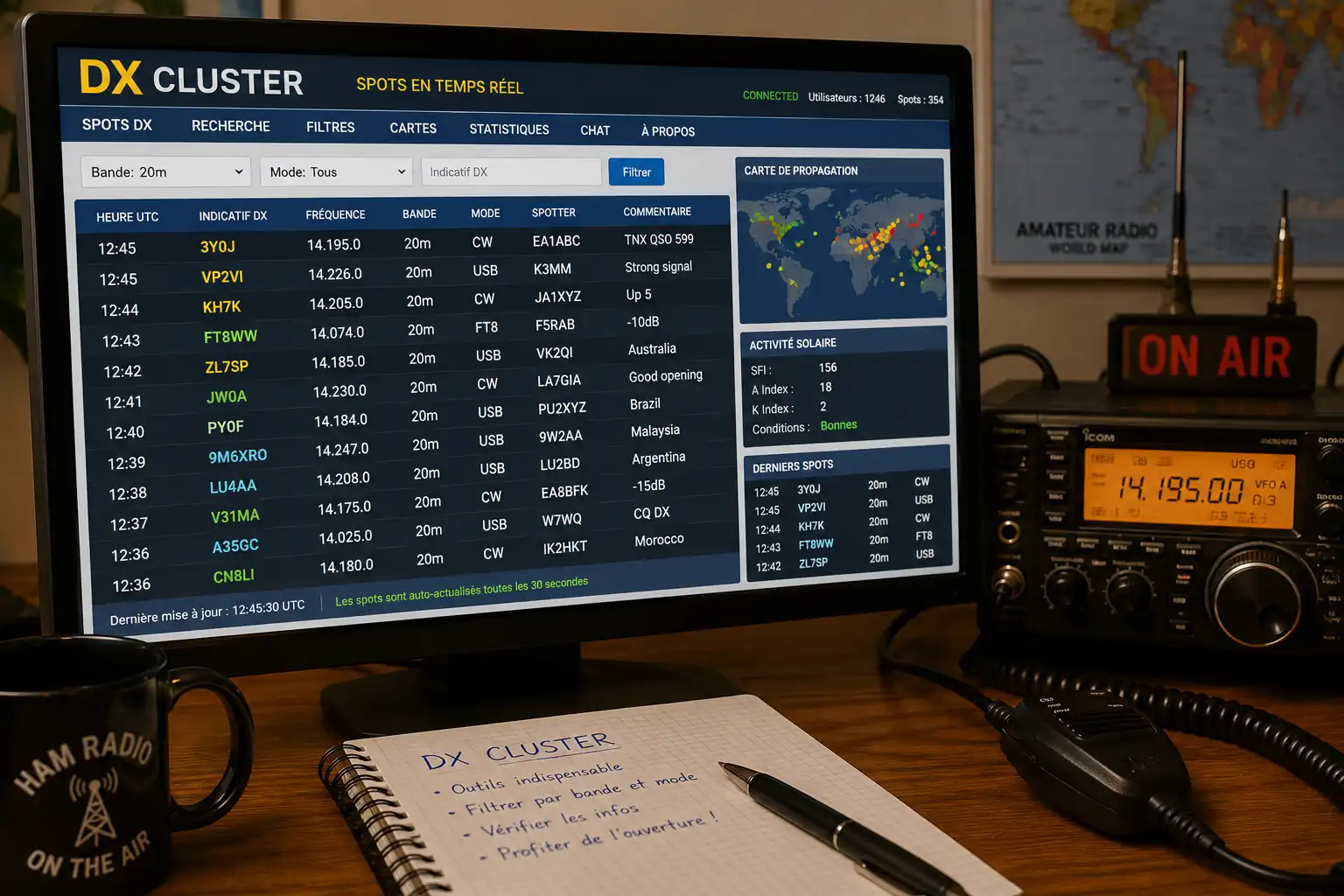 Station radioamateur équipée d’un émetteur-récepteur et d’un écran affichant les spots d’un cluster DX en temps réel