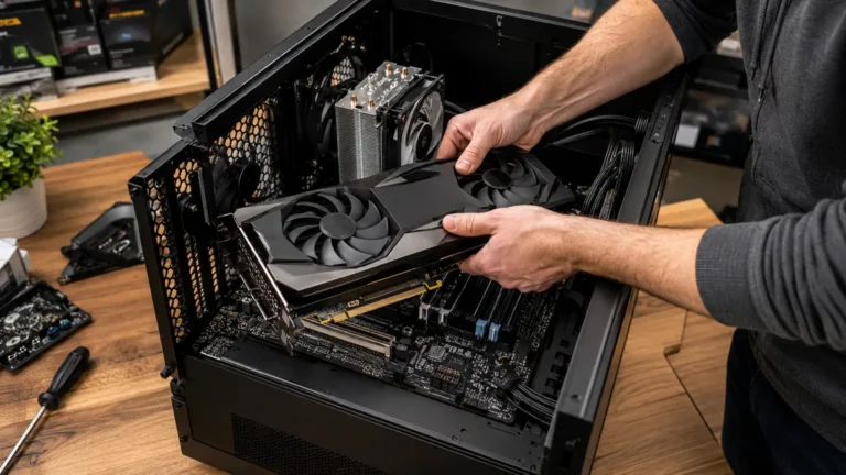 Installation d’une carte graphique sur une carte mère dans un boîtier PC ouvert