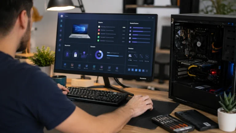 Diagnostic des pilotes Windows sur un ordinateur avec boîtier PC ouvert