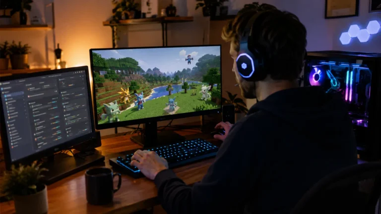 Joueur configurant un serveur Cobblemon sur ordinateur dans un espace gaming moderne