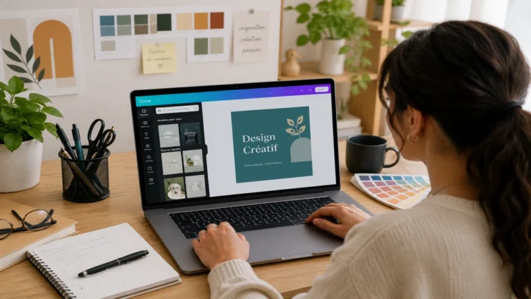 Femme suivant une formation en design graphique sur Canva depuis son ordinateur portable