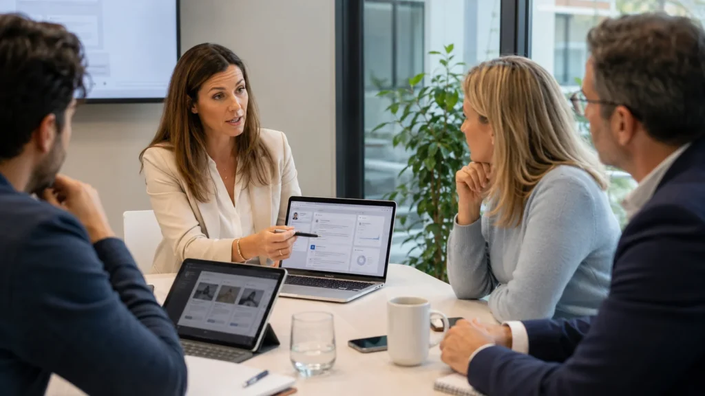 Formatrice LinkedIn accompagnant une équipe en réunion autour de la stratégie de visibilité et de prospection sur LinkedIn