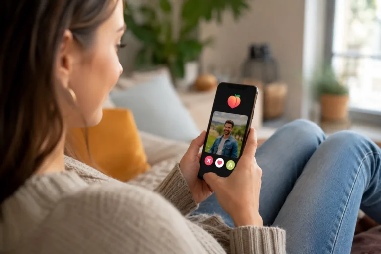 Femme utilisant une application de rencontre sur son smartphone pour consulter ses matchs et ses likes Fruitz