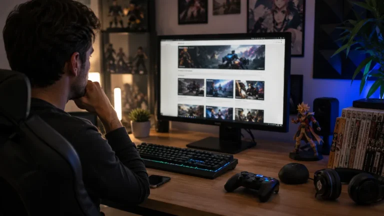 Bureau gaming avec écran affichant un blog geek entouré de manette, casque et mangas