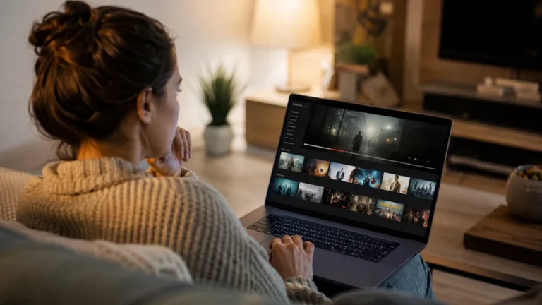 Femme regardant un site de streaming de films et séries sur son ordinateur portable