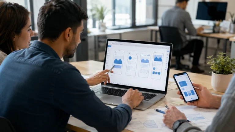 Équipe travaillant sur la conception d’une application mobile dans une agence web