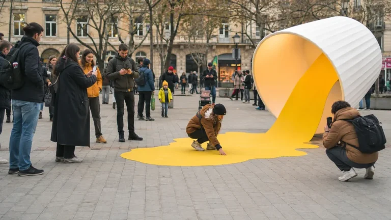 Installation de street marketing créative attirant des passants dans une place urbaine