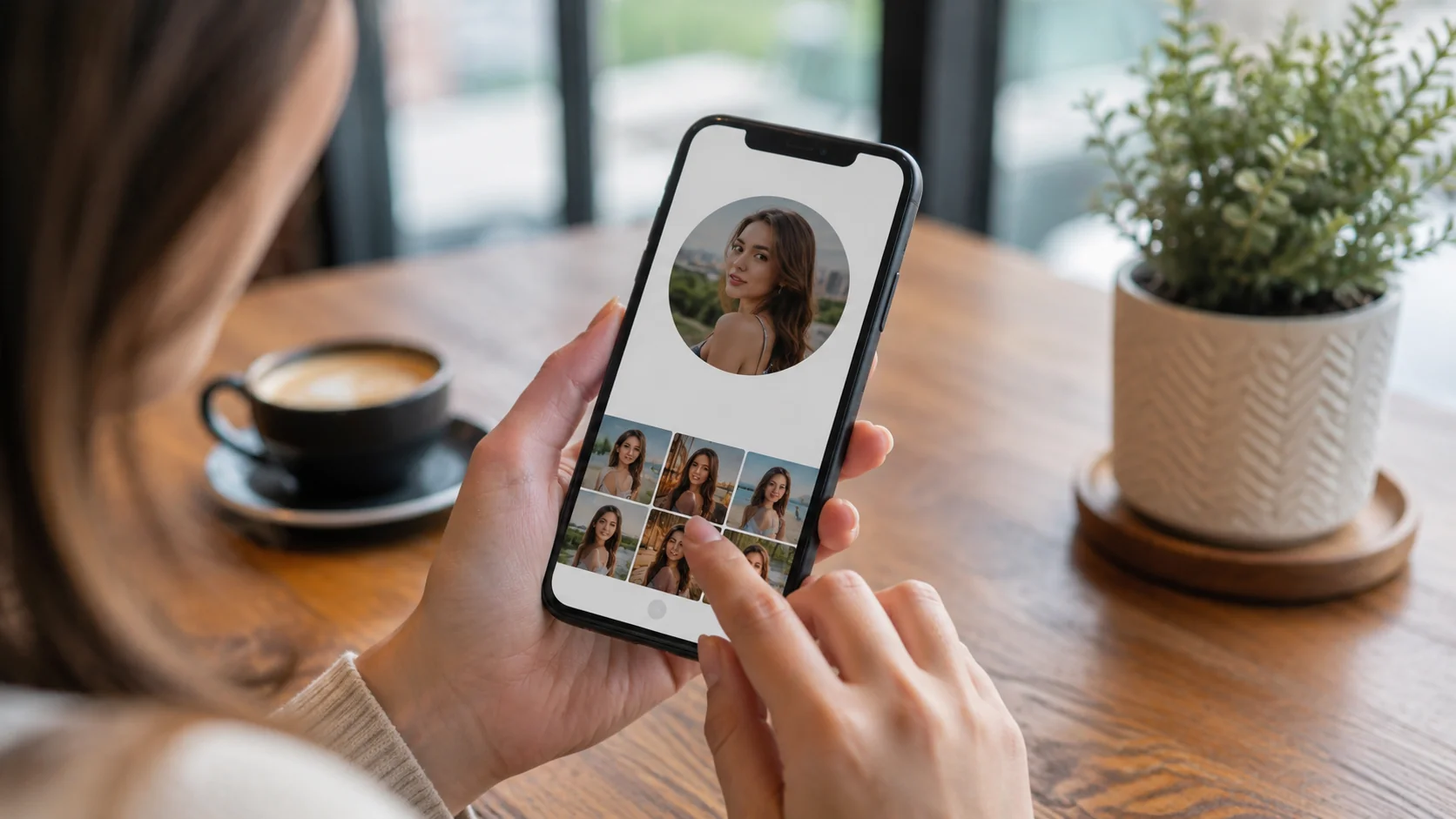 Jeune femme choisissant une photo de profil Instagram bien cadrée sur son smartphone