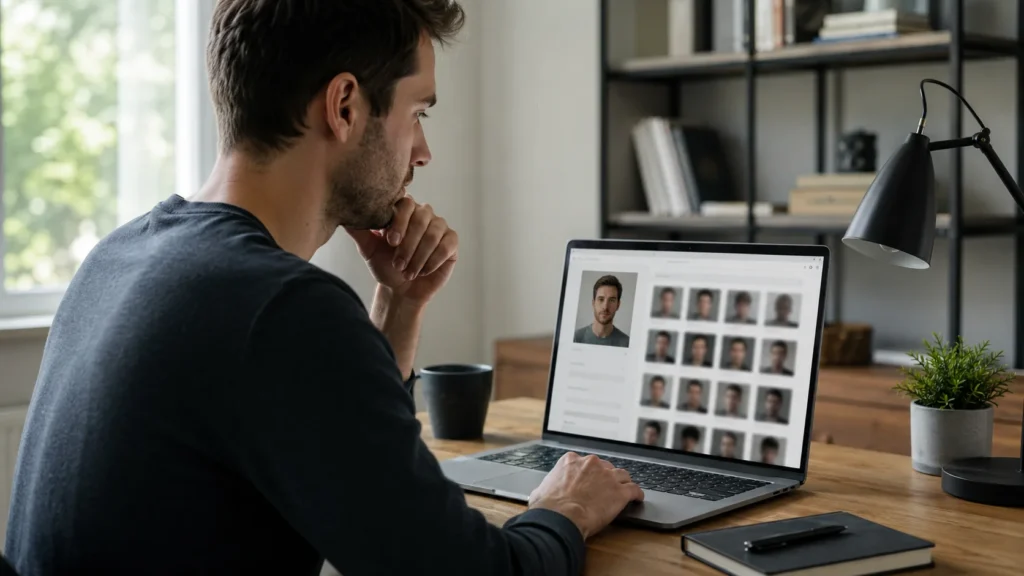 Utilisateur lançant une recherche faciale gratuite sur PimEyes depuis un ordinateur portable
