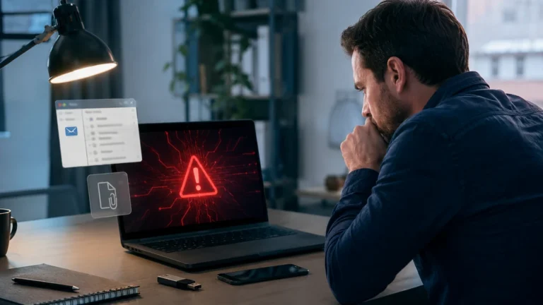Utilisateur inquiet devant un ordinateur affichant une alerte de sécurité informatique