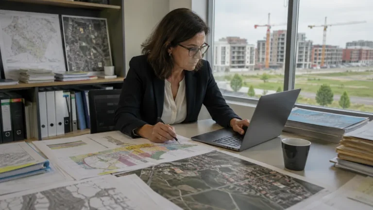 Professionnelle de l’urbanisme analysant des plans fonciers et cartes d’aménagement dans un bureau moderne