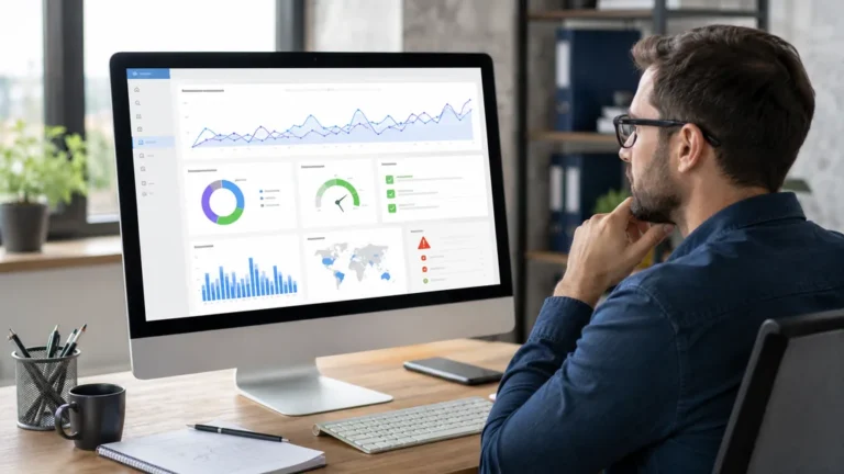 Webmaster analysant les performances SEO et l’indexation d’un site sur un tableau de bord technique