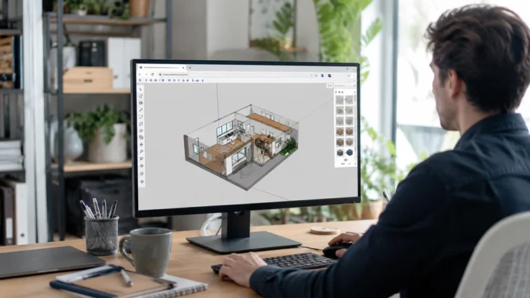 Modélisation 3D d’un intérieur dans un outil en ligne sur un écran d’ordinateur