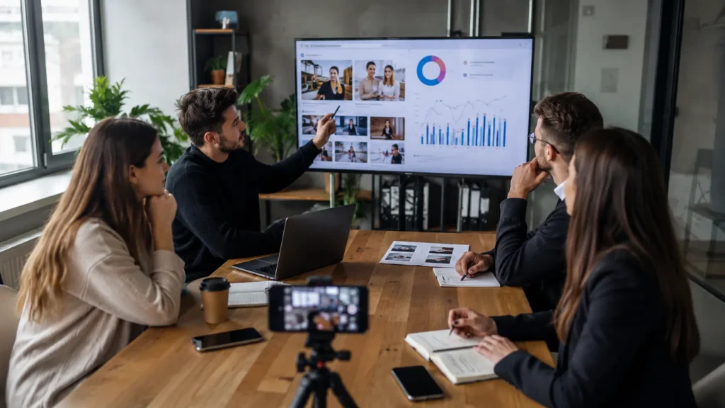 Équipe d’une agence SMMA analysant une stratégie de contenu et les performances des réseaux sociaux en réunion