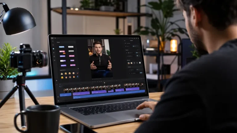 Créateur de contenu utilisant un outil de montage vidéo IA pour ajouter des sous-titres à une vidéo courte