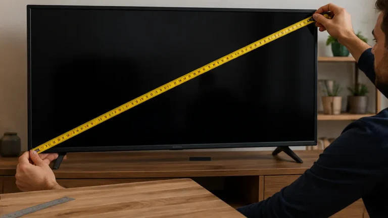 Homme mesurant la diagonale d’un téléviseur pour convertir les pouces en centimètres