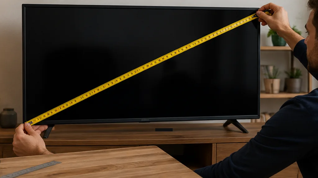 Homme mesurant la diagonale d’un téléviseur pour convertir les pouces en centimètres