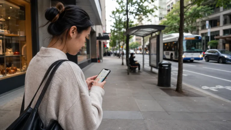 Jeune femme consultant un itinéraire et des informations de mobilité sur son smartphone dans une rue urbaine