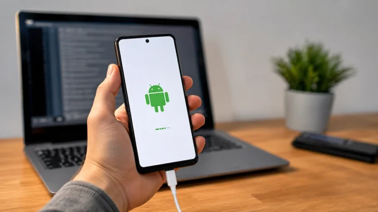 Smartphone Android en cours de configuration devant un ordinateur pour illustrer vnROM et les outils FRP