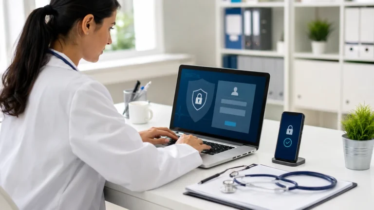 Professionnelle de santé se connectant à un logiciel médical sécurisé avec double authentification