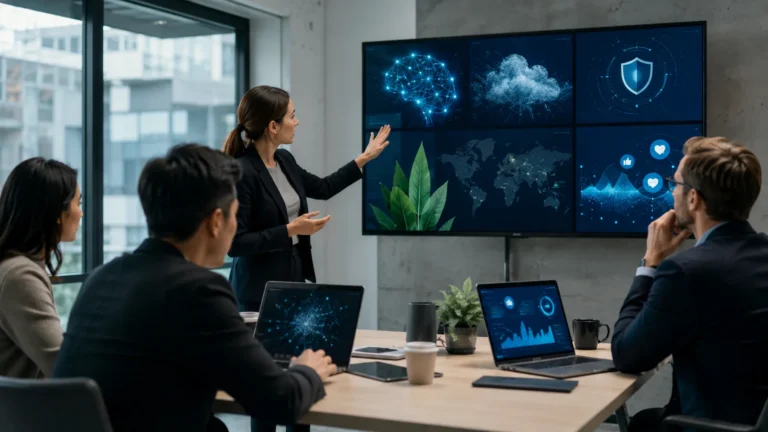 Équipe en réunion analysant les tendances technologiques et digitales de 2026 sur plusieurs écrans